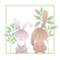 rabbits with branchs and leaves isolated icon