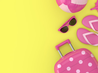 3d render of suitcase with vacation stuff over yellow background