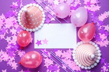 Birthday composition with blank card on color background