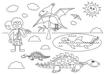 Prehistoric landscape with funny cartoon dinosaurs and prehistoric man. Black and white vector illustration for coloring book