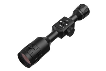 modern black optical scope for weapon isolated on whited. sight scope isolated on white back.