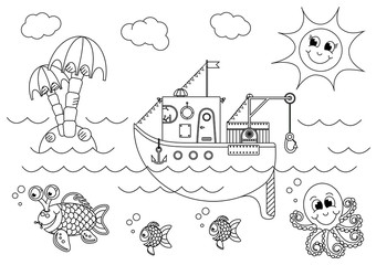 Fishing boat floating in the sea with fish and octopus, vector illustration cartoon. A boat sailing in the sea. Black and white vector illustration for coloring book