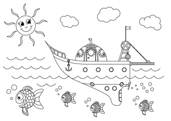 Submarine boat floating in the sea with fish, vector illustration cartoon. A boat sailing in the sea. Black and white vector illustration for coloring book