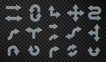 Set of grey rounded arrows isolated on transparent background.