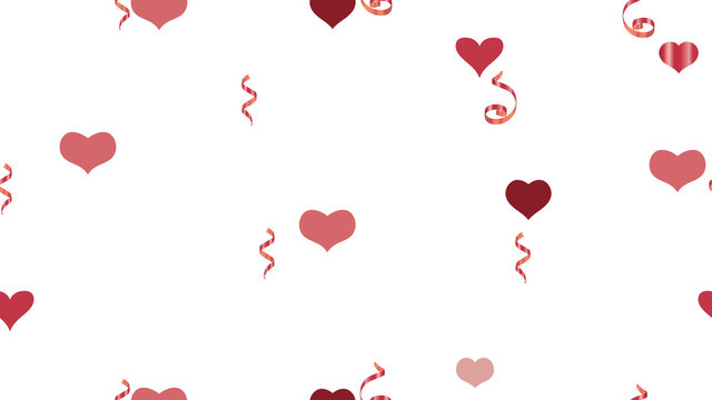 The foundation of packaging, textiles, wallpaper, banner, printing. Scattered Red confetti. Vector Seamless Pattern on a White Background. Light Pattern of Hearts and Serpentine.