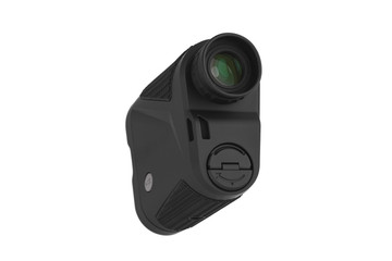 Modern optical range finder isolated on white back. Isolated black plastic rangefinder used for...