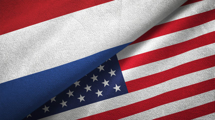 Netherlands and United States two flags textile cloth, fabric texture