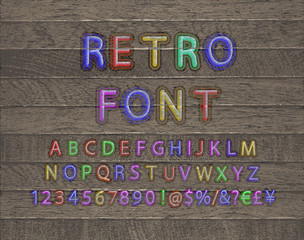 Vector 3d oblique retro font on wooden backgrond,