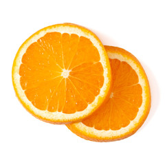 Orange fruit slice  isolated on white background closeup. Food background. Flat lay, top view.