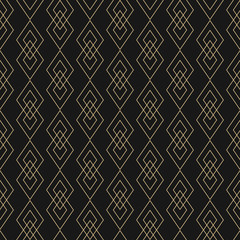 Vector golden lines texture. Luxury geometric seamless pattern with diamonds, rhombuses, thin crossing lines. Abstract black and gold graphic ornament. Art deco style. Trendy linear repeat background