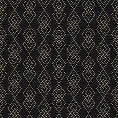 Blackout curtains Rhombuses Vector golden lines texture. Luxury geometric seamless pattern with diamonds, rhombuses, thin crossing lines. Abstract black and gold graphic ornament. Art deco style. Trendy linear repeat background