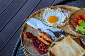 Breakfast served with coffee, orange juice, croissants, cereals and fruits. Balanced diet. - Image