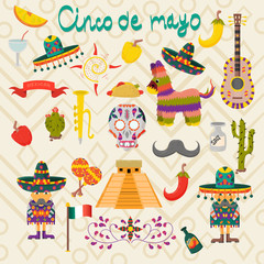 set of illustrations of design elements on the Mexican theme of Cinco de mayo celebration in flat style