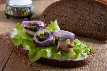 Sandwich with herring fillet, lettuce, dill , chives, onion and cream. Near dark rye bread and salt...