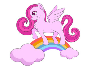 cute cartoon pegasus on a rainbow in the sky. vector graphic to design