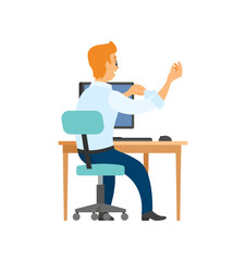 Back view of worker sitting at computer and fixing sleeve on shirt. Male office manager at table on workplace, person on chair isolated vector character
