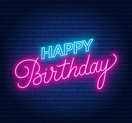 Happy birthday neon sign. Greeting card on dark background. Vector illustration of EPS 10. © TanyaFox