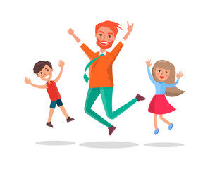 Merry father and kids jumping of fun isolated. Vector dad, son and daughter having fun together. Male parent and children joyfully leaping, happy childhood