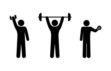 bodybuilding icon, stick figure man with a barbell, isolated pictogram people