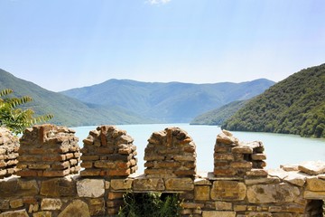ananuri fortress, georgia, Aragvi River, castle, feudal, panorama, landscape, lake, mountain, nature, water, mountains, summer, hill, view,