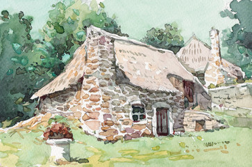 old cottage watercolor hand drawn