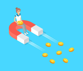 Moving magnet vector, attracting gold money, dollar cash. Woman sitting on attractor colored in red and white. Finance ideas of increasing profits
