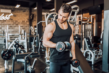 Fototapeta na wymiar Determined muscular man working out with dumbbells in gym
