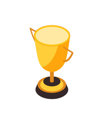 Gold trophy in form of cup vector. Isolated isometric 3d icon of prize for winner, recognition of champion, victory of competition and business challenge