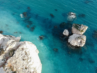 Aerial view of Petra tou Romiou, aka Aphrodite's rock a famous tourist travel destination landmark...