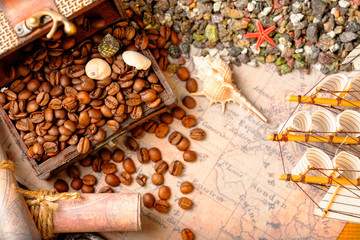 Image of middle-aged coffee beans. Poured into a pirate chest. Precious, expensive, tonic, invigorating, fragrant, delicious, high-quality, roasted drink. Brown, glossy grains.