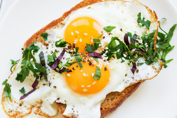 Fried egg with two yolks on bread with chopped greens on a white dish view from the top