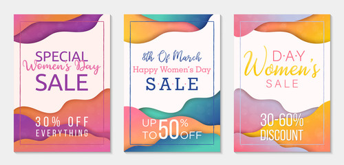 Collection of three sale banner templates to Womens Day. Paper cut style backgrounds