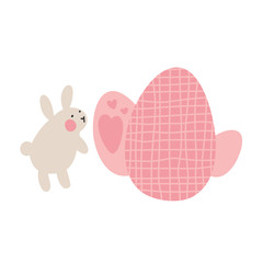Adventures of Easter bunnies, who are looking for and hiding holiday eggs. Easter design elements in minimalistic vector style. Illustrations for kids.