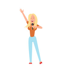 Music performer, person entertaining people isolated vector. Woman raising hands up, stretching arms, holding microphone and gesturing singing lady