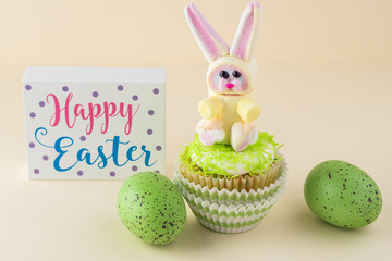 Cupcake with rainbow marshmallow bunny.