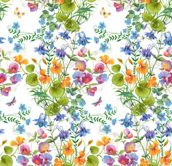 Decorative  composition of different flowers. Seamless background pattern version 1