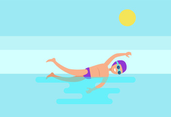 Obraz na płótnie Canvas Freestyle sport activity, professional man swimmer in goggles and hat. Smiling expert swimming in sea water, shining sun above athletic male vector