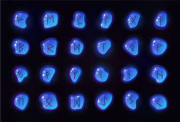 Rune set of letters, runes alphabet. Shiny square stones with fantastic symbols. Runes on the rocks in different colors. Game design beautiful elements.