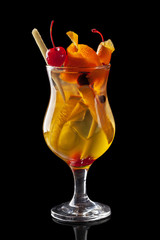 Classic fresh juices from fruits and vegetables on a black background in glass cups, cocktails. Drinks with bottom ejection. Isolate for the menu of restaurants, bars and cafes.