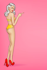 Sexy woman in underwear and red high-heeled shoe standing backwards, looking back over shoulder, pointing finger on some thing pop art vector illustration. Shop sales ad banner template with copyspace