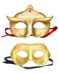 Vector 3d realistic set with Venetian face masks. Golden element for traditional Mardi Gras carnivals, holiday masquerade, costumed party dressing part illustration. Mystery, secret concept.