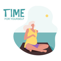 Vector Illustration. Young beautiful pregnancy woman character sitting position on the shore front in modern flat style. Fitness healthy lifestyle. Time for yourself.