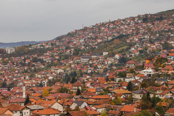 View from the high point to Sarajevo in the mist in the morning. Bosnia and Herzegovina