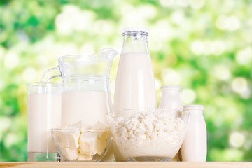 Glass of milk  and Dairy products on  background