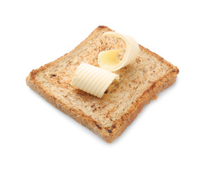 Tasty toasted bread with butter curls on white background