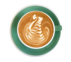 Hot coffee cappuccino latte art swan bird foam in green color cup top view isolated on white background, clipping path included