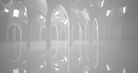 Abstract gothic white interior with neon lighting. 3D illustration and rendering.