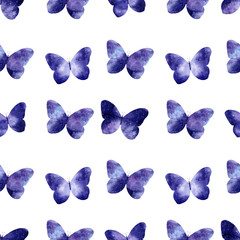 Watercolor seamless pattern with bright galaxy butterflies.