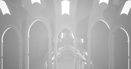 Abstract gothic white interior with neon lighting. 3D illustration and rendering.