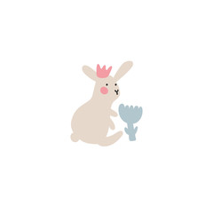 Adventures of Easter bunnies, who are looking for and hiding holiday eggs. Easter design elements in minimalistic vector style. Illustrations for kids.